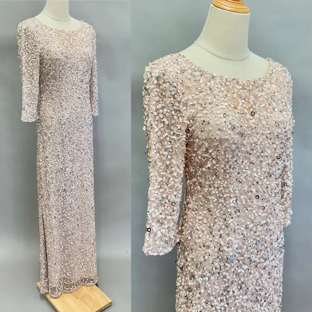 Adrianna Papell 3/4 Sleeve Scoop Back Champagne Sequin‎ Maxi Gown Size 4
